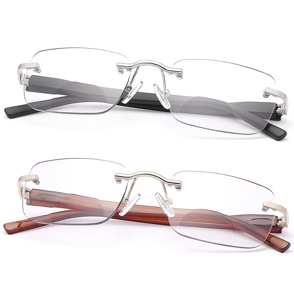 2 Pack Rimless Spring Hinge Photochromic Sun Readers Blue Light Blocking Computer Reading Glasses UV400 Protection Transition Sunglasses Shades Anti Glare Eyewear Gaming Eyeglasses for Men Women