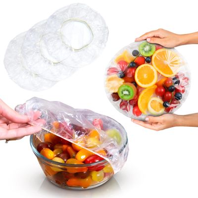 AMZ Elastic Plastic Bowl Covers, 12 Inch. Pack of 100 Clear Plastic Disposable Bowl Covers 30 Micron Thick. Durable Adjustable Plastic Food Covers with Elastic Edge. Stretchable Bowl Covers Small