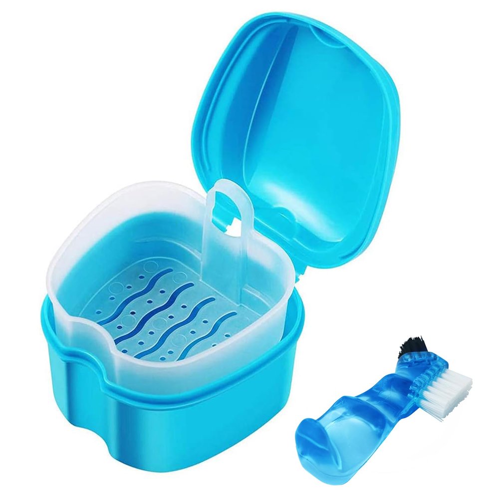 Keedolla Denture Cup Orthodontic Retainer Case, Denture Bath Box Dental Mouthguard Case Cleaning with Brush, Strainer Basket and Lid Waterproof - Blue