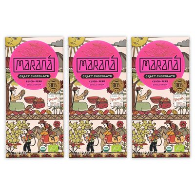 Maran Chocolate Cusco 80% Dark Chocolate 3 Pack - Peruvian Chocolate - Premium, Bean-to-Bar, Direct Sourced, Made at Origin, Single Origin, Woman Owned, BIPOC Owned, Organic, Award Winning - Vegan, Soy-Free, Gluten-Free - Bundle