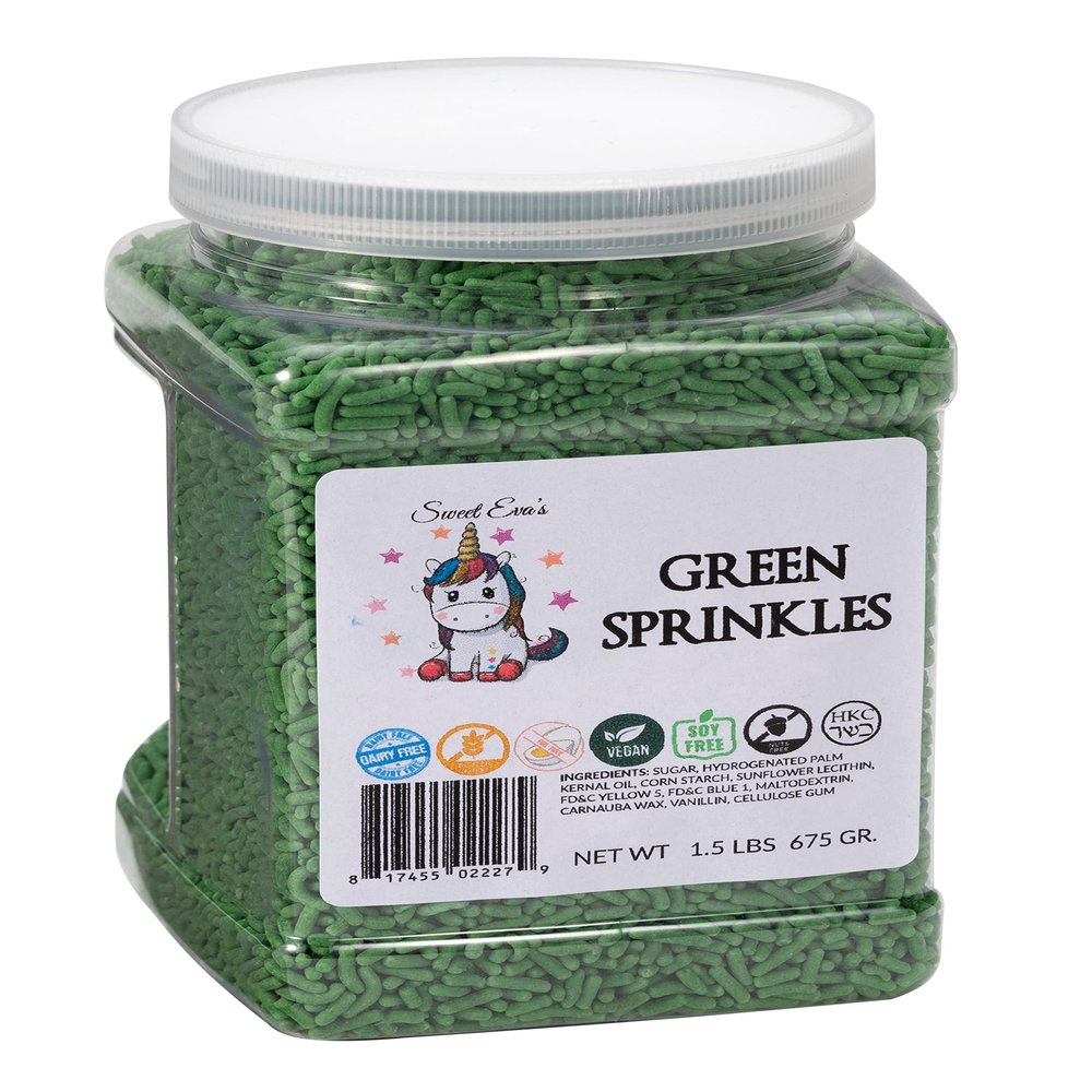 GREEN SPRINKLES- Gluten Free. Dairy Free. Egg Free. Soy Free. Nuts free.Kosher.Vegan.Sprinkles For Baking,Decorating,Cakes,Cupcakes,Cookies,Toppings,Jimmies,Sugar Shapes,Large,Bulk Candy