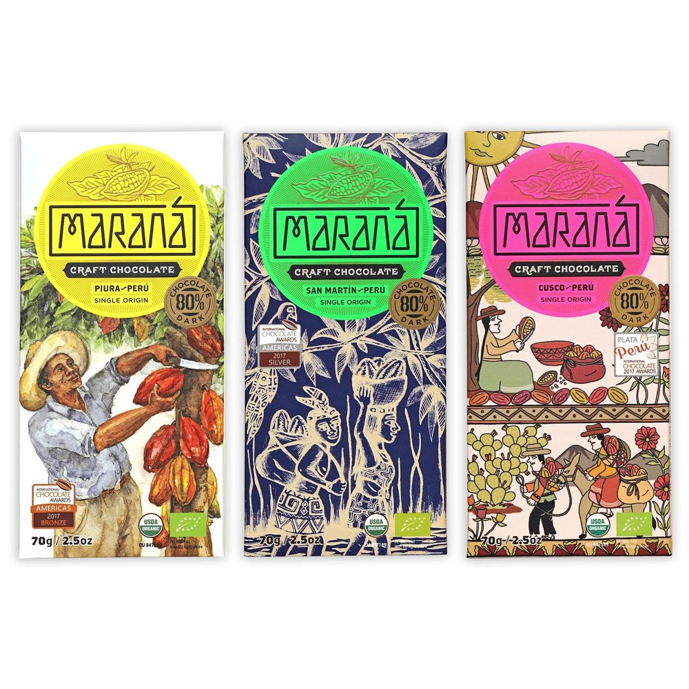 Maran Chocolate 80% Cacao Variety Dark Chocolate 3 Pack - Peruvian Chocolate - Premium, Bean-to-Bar, Direct Sourced, Made at Origin, Single Origin, Woman Owned, BIPOC Owned, Organic, Award Winning - Vegan, Soy-Free, Gluten-Free - Bundle