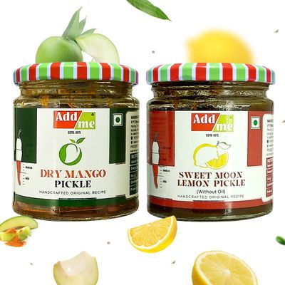 Add me Dry Mango Pickle, sukha North Indian aam ka achar 150gm and Sweet Lemon Pickle, khatta meetha nimbu ka achar 200gm Combo Pack Glass Jar