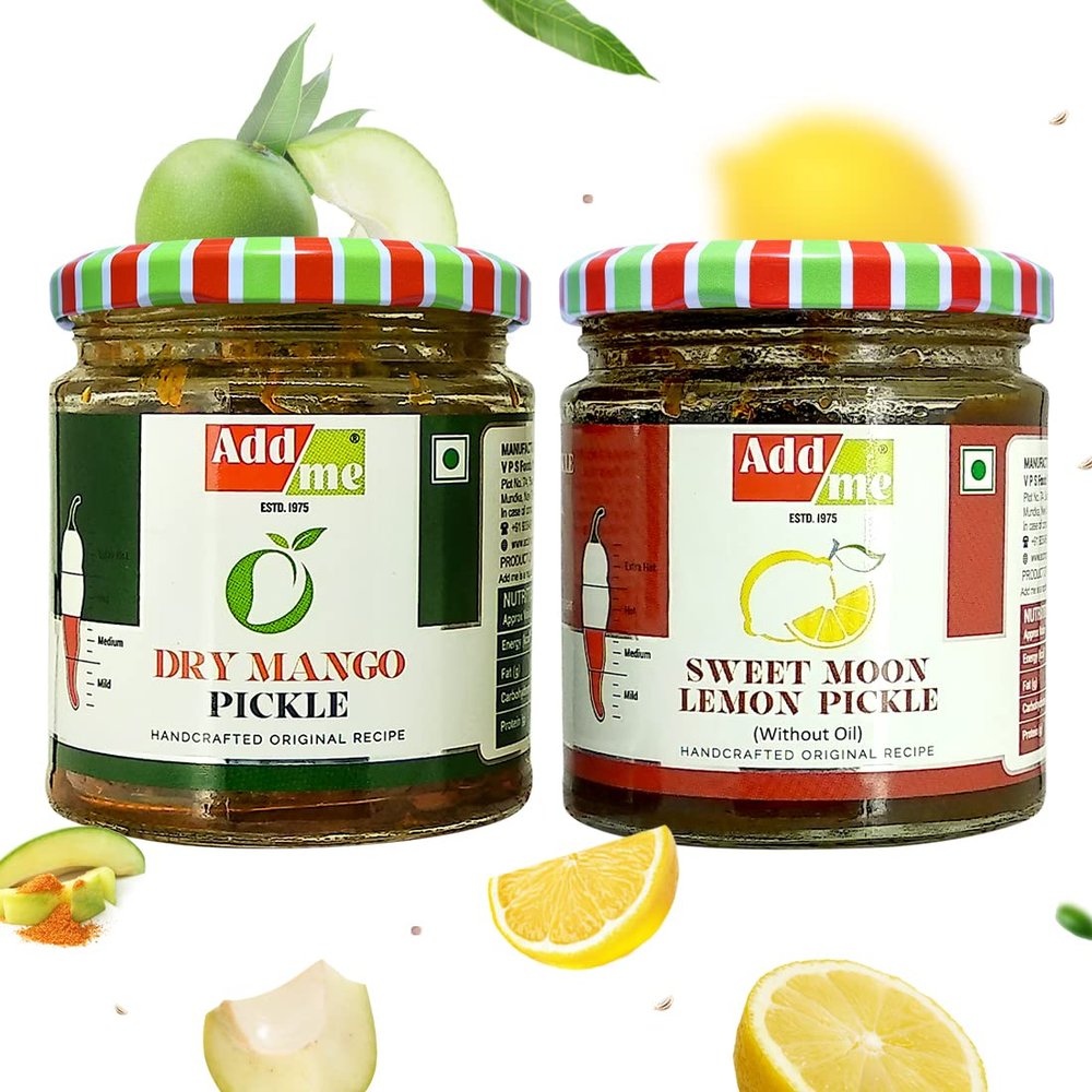 Add me Dry Mango Pickle, sukha North Indian aam ka achar 150gm and Sweet Lemon Pickle, khatta meetha nimbu ka achar 200gm Combo Pack Glass Jar