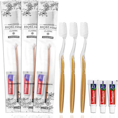HQSLsund 20 pcs Disposable Toothbrush with Toothpaste Bulk Individually Wrapped, Travel Toothbrush Kit, Hotel Toothbrushes Bulk for Airbnb,Shelter/Wedding/Nursing Home/Charity/Homeless, Gold