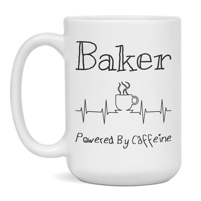 Baker Powered By Caffeine Funny Coffee Lover EKG ECG Gift Mug, 15-Ounce White