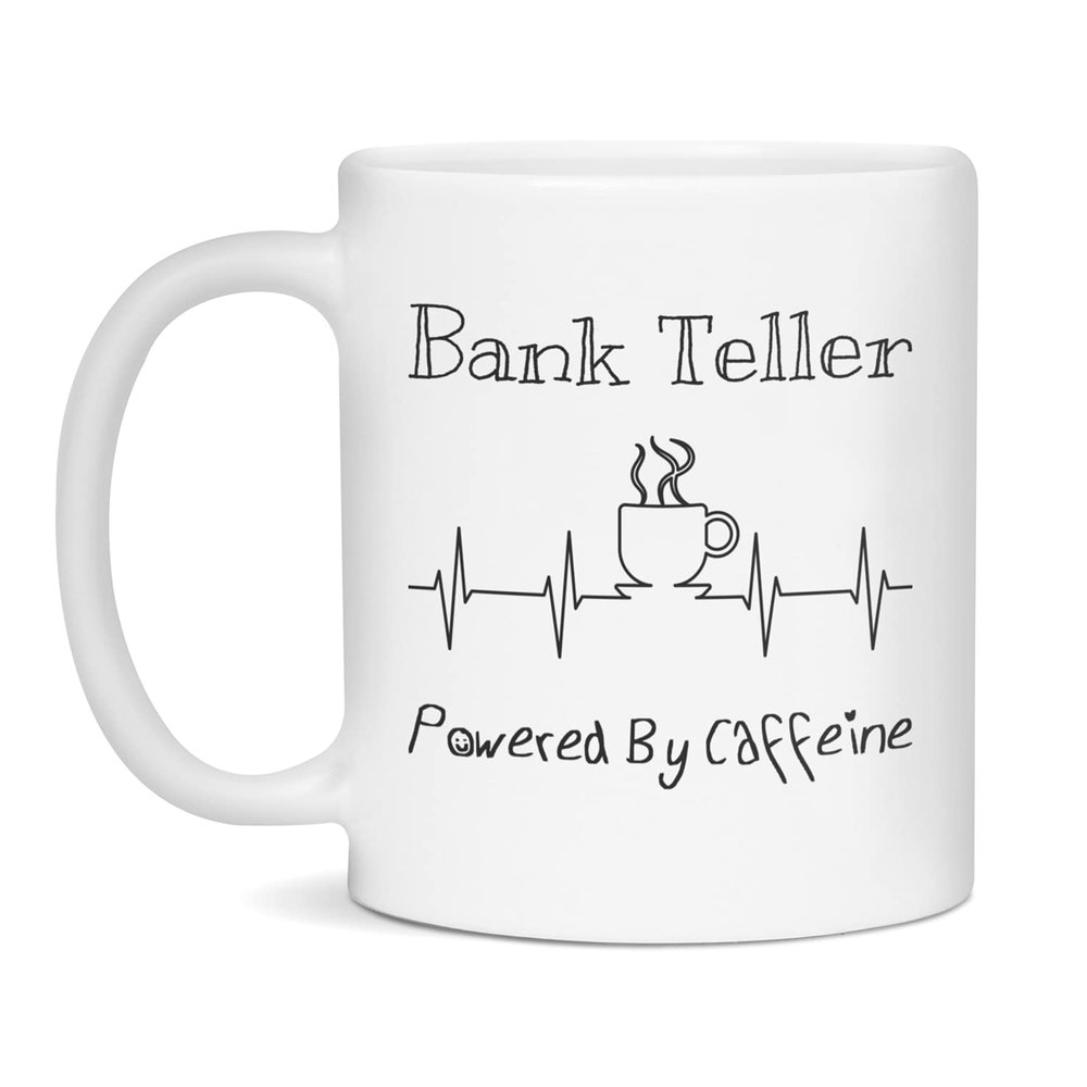 Bank Teller Powered By Caffeine Funny Coffee Lover EKG ECG Gift Mug, 11-Ounce White