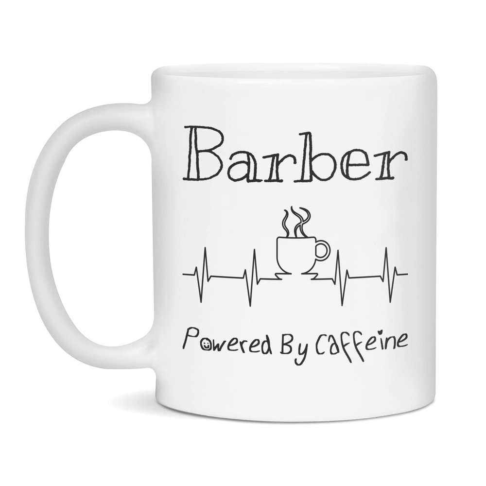 Barber Powered By Caffeine Funny Coffee Lover EKG ECG Gift Mug, 11-Ounce White