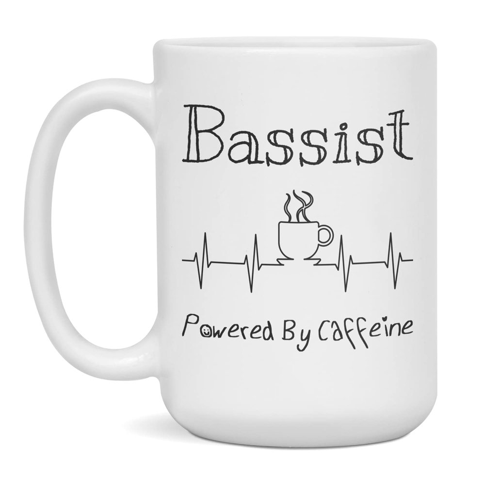 Bassist Powered By Caffeine Funny Coffee Lover EKG ECG Gift Mug, 15-Ounce White