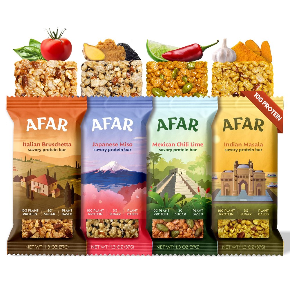 Afar Savory Protein Bars  Low Sugar, High Protein  Healthy Snacks for Adults  Meal Replacement Bar  Rice Crispy Texture  Vegan, Gluten Free (8 Bars, Variety Pack)
