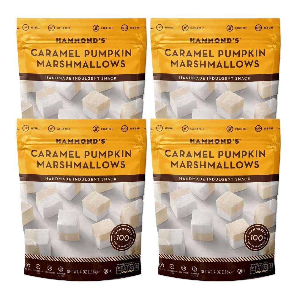 Hammond's Candies | Caramel Pumpkin Marshmallows | 4 Bags, Great for Snacking | Hot Chocolate, Smores and Homemade Brownies | Small Batches | Handcrafted in the USA