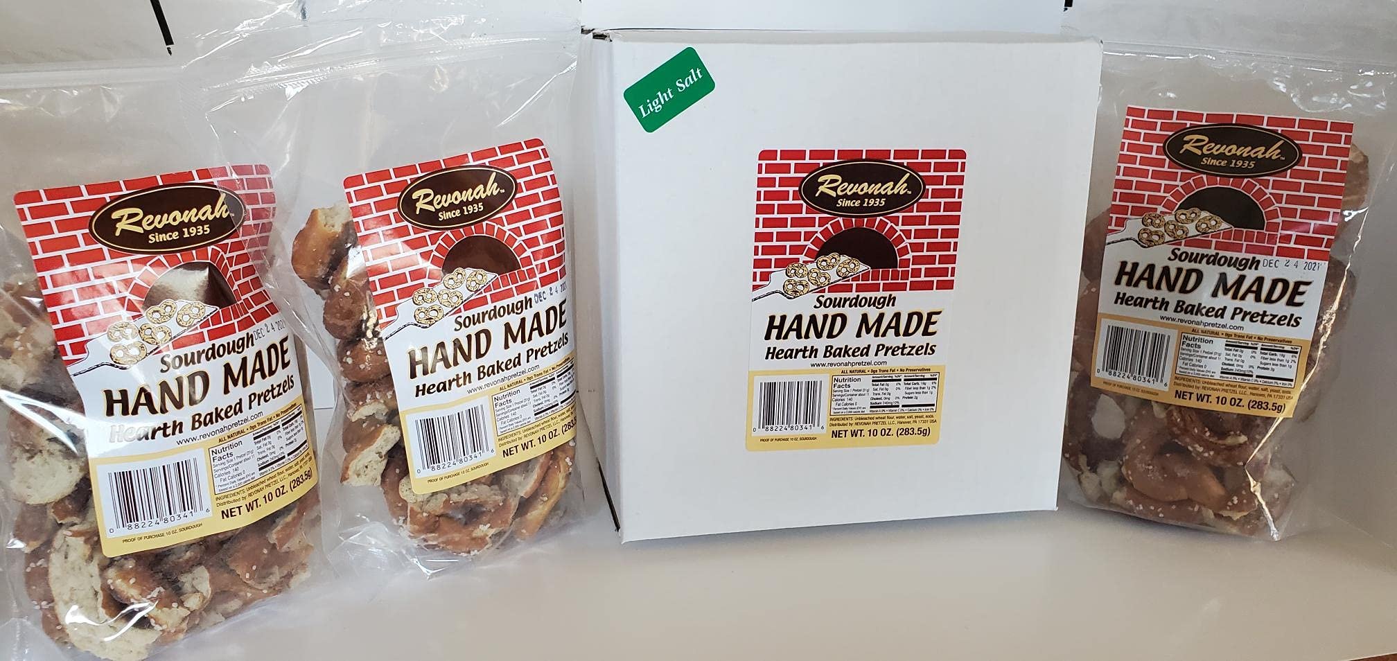 Revonah Pretzel - Taste the Freshness, Handmade Brick Oven Baked Pretzels - No Preservatives - Made To Order Daily (Light Salt, 3 x 8 oz Bags)