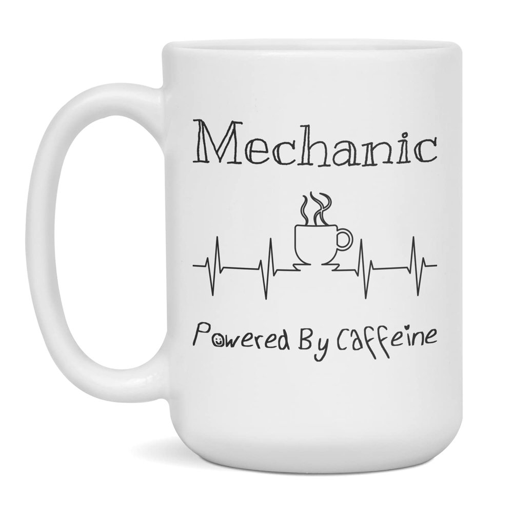 Mechanic Powered By Caffeine Funny Coffee Lover EKG ECG Gift Mug, 15-Ounce White