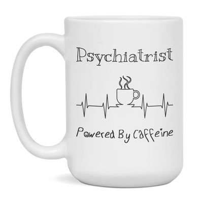 Psychiatrist Powered By Caffeine Funny Coffee Lover EKG ECG Gift Mug, 15-Ounce White