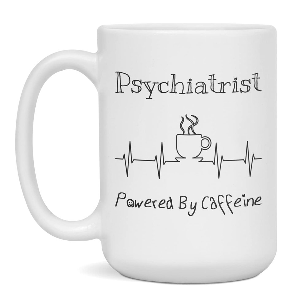 Psychiatrist Powered By Caffeine Funny Coffee Lover EKG ECG Gift Mug, 15-Ounce White