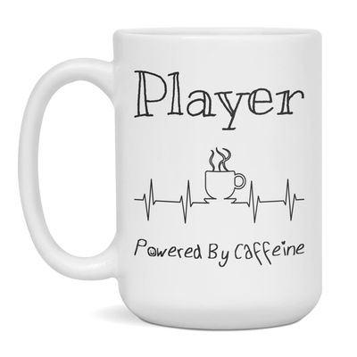 Player Powered By Caffeine Funny Coffee Lover EKG ECG Gift Mug, 15-Ounce White