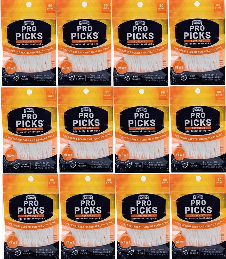 Armonds ProPicks Advanced Dental Picks for Teeth Cleaning - Disposable Plastic Toothpicks for Teeth & Gums - Clean & Reach Behind Teeth & Massages Gums - Fresh Mint Flavor - 12x80 Toothpicks