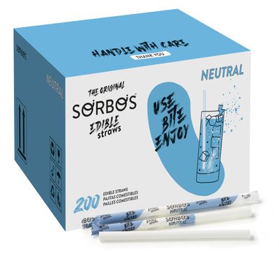 Sorbos Edible Straws, Neutral Flavor, Individually Packaged, No Plastic, No Allergens, No Gluten, No PFAS, 100 Percent Biodegradable, 7.4 Inches Long (Pack of 200)