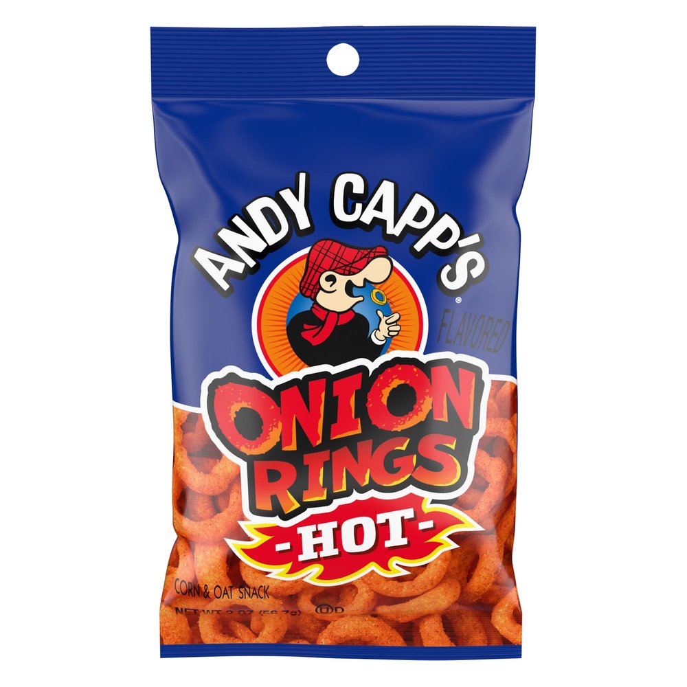 Andy Capp's Beer Battered Flavored Onion Flavored Rings Baked Oat and Corn Snacks, Hot, 2 oz