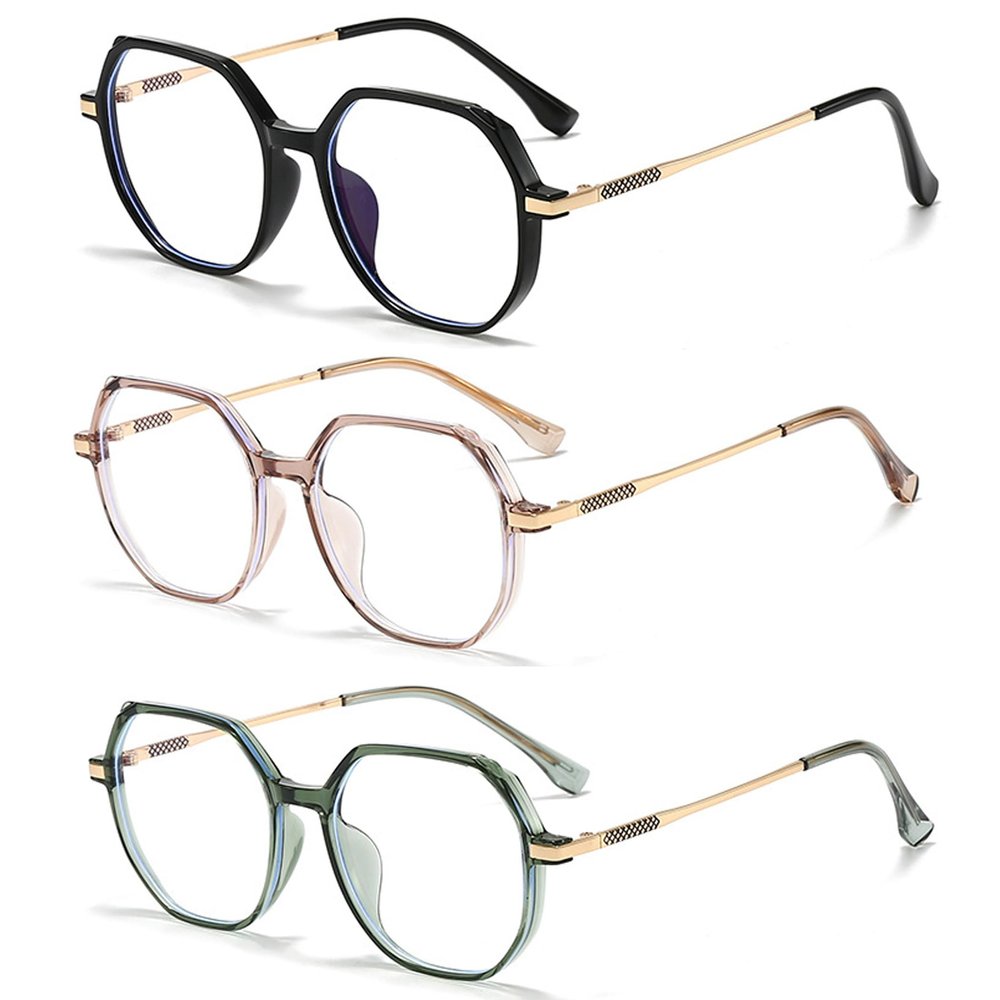 Retro Polygon Reading Glasses For Women Blue Light Blocking Oversized Eyeglass Frames Large lens (Silver Black/pink/green, 1.75)