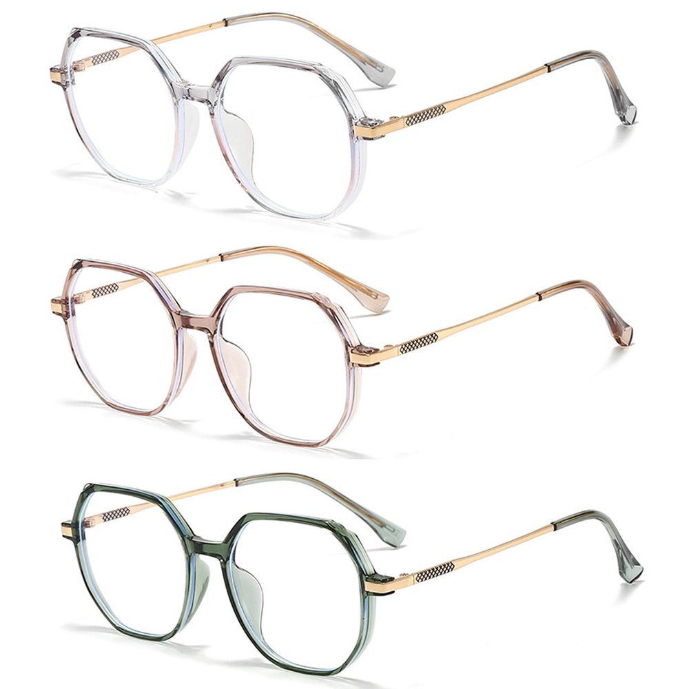 Retro Polygon Reading Glasses For Women Blue Light Blocking Oversized Eyeglass Frames Large lens (Clear/pink/green, 0.0)