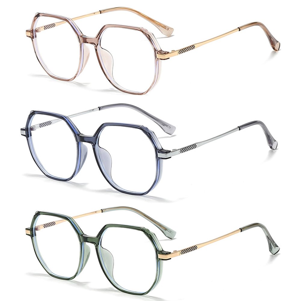 Retro Polygon Reading Glasses For Women Blue Light Blocking Oversized Eyeglass Frames Large lens (Pink/green/blue, 2.0)
