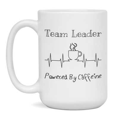 Team Leader Powered By Caffeine Funny Coffee Lover EKG ECG Gift Mug, 15-Ounce White