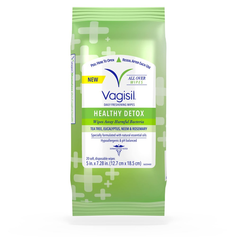 Vagisil Wipes for All Over Cleaning, Health Detox, Formulated with Essential Oils, 20 Wipes in a Re-Sealable Pouch (Pack of 1)