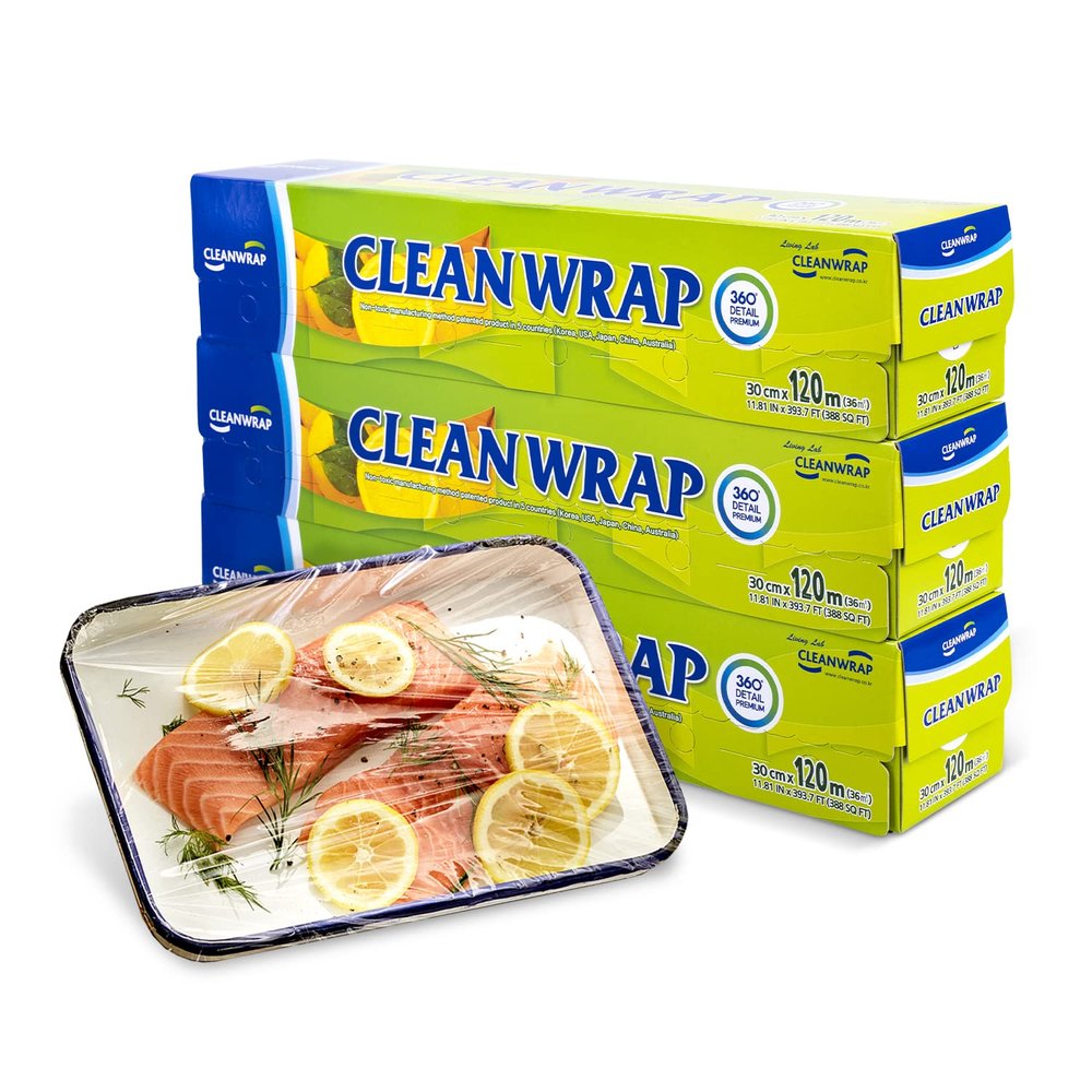 CLEANWRAP Plastic Wrap For Food (11.81in x 393.7ft - 3 Pack) I Plastic Wrapping Paper For Food, BPA Free Food Wrap, Clear Wrap to Seal Baked Goods, Food Transparent Wrap I Press and Seal Wrap