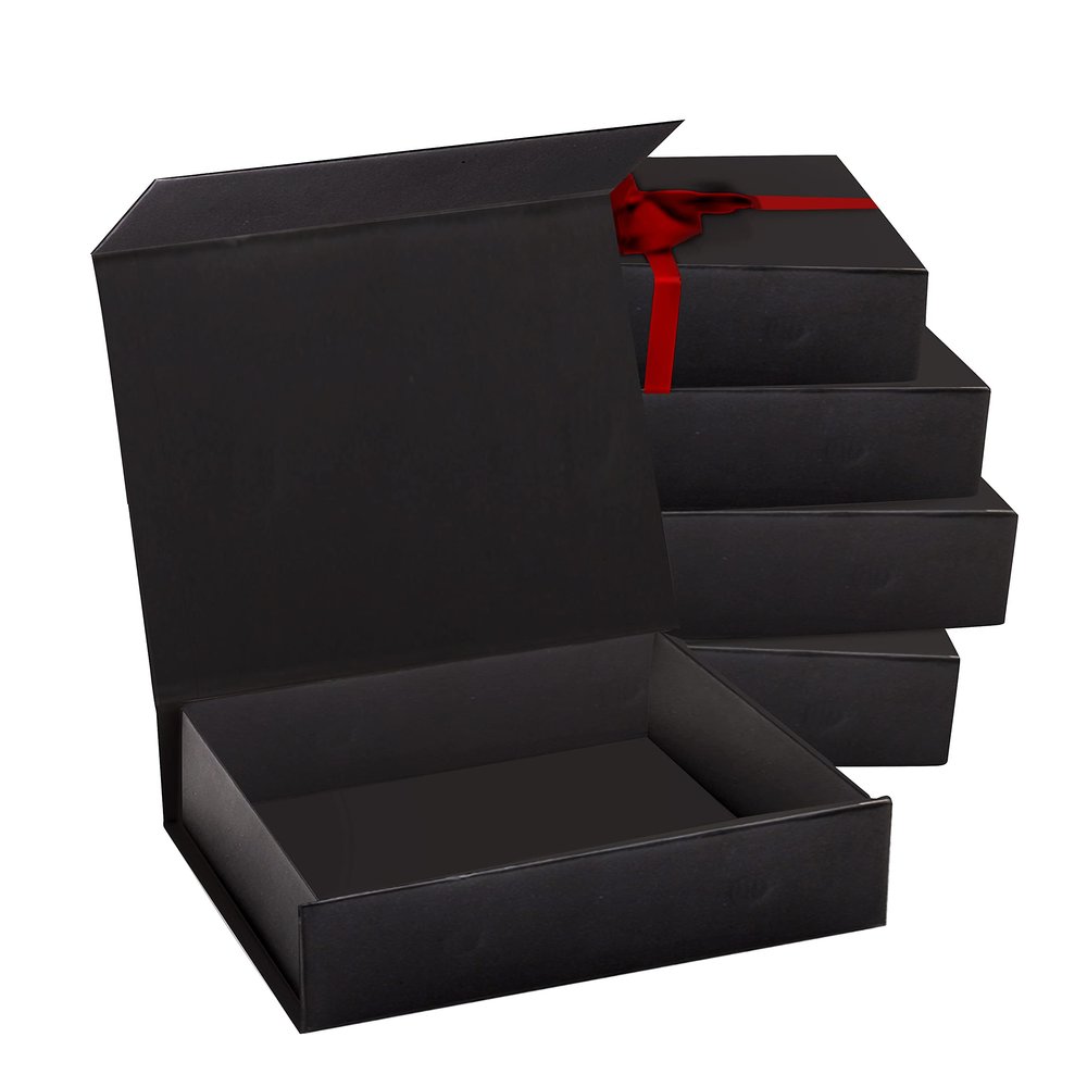 5 Pack Black Hard Gift Box with Magnetic Closure Lid 7" x 5" x 1.6" Rectangle Boxes For Gifts With Black Glossy Finish (Black, 5 Boxes)