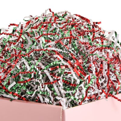 UNIQOOO 1/2 LB Metallic Red Green White Crinkle Cut Paper Shredded Filler, Christmas Peppermint Candy Cane Raffia Tissue Zig, Strands Shred Craft Bedding Cushion,Wedding Birthday Gift Boxes Bag Retail