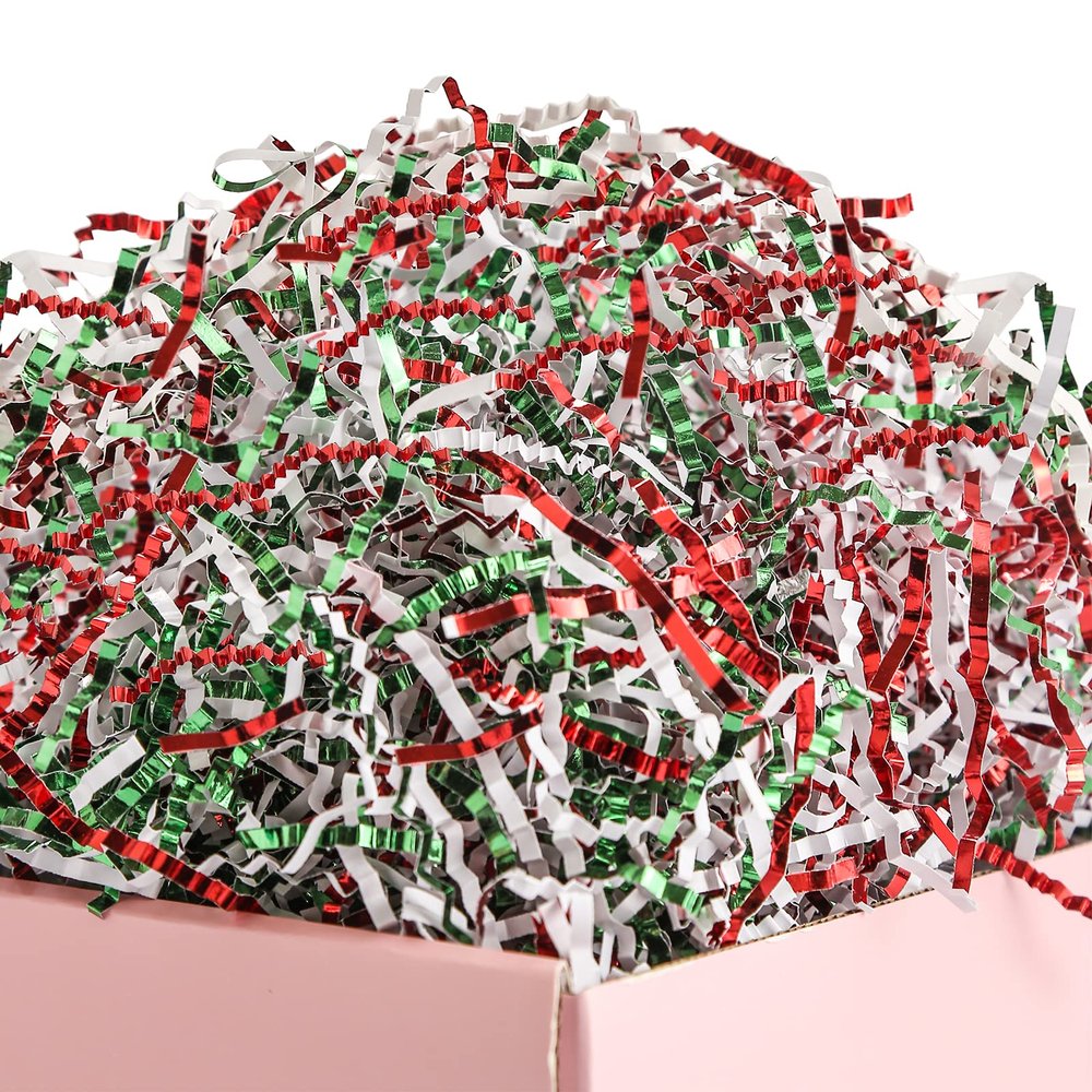 UNIQOOO 1/2 LB Metallic Red Green White Crinkle Cut Paper Shredded Filler, Christmas Peppermint Candy Cane Raffia Tissue Zig, Strands Shred Craft Bedding Cushion,Wedding Birthday Gift Boxes Bag Retail