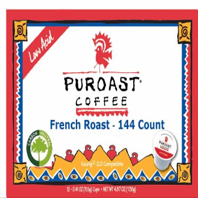 Puroast Low Acid Coffee| French Roast Single Serve Pods | Dark Roast | High Antioxidants & High pH |No Bitter Aftertaste | Reduced Heartburn & GERD Friendly | 144 Count - Compatible with Keurig Brewer