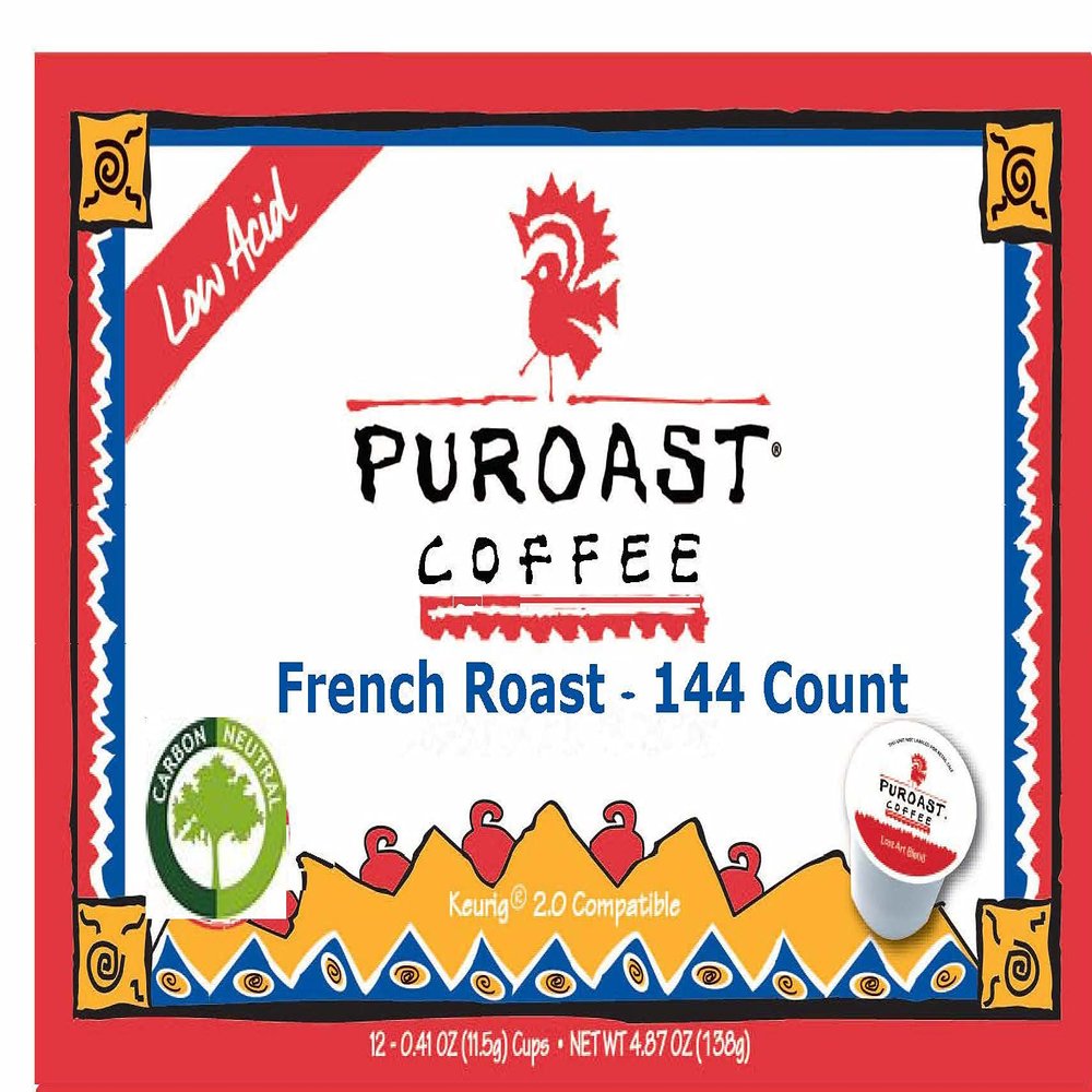 Puroast Low Acid Coffee| French Roast Single Serve Pods | Dark Roast | High Antioxidants & High pH |No Bitter Aftertaste | Reduced Heartburn & GERD Friendly | 144 Count - Compatible with Keurig Brewer