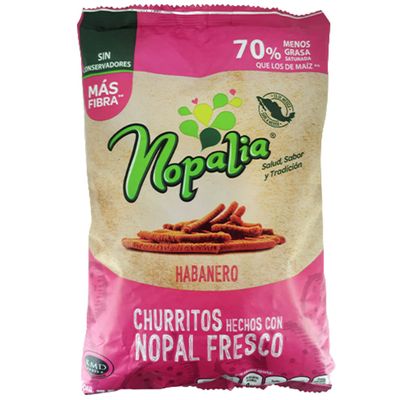 Churritos Habanero 750 gram bag by Nopalia made with fresh organic nopal (cactus), without preservatives, now spicy with this new Habanero flavor. Nopalia combine the benefits of fresh organic cactus and corn to create a delicious product, the snack