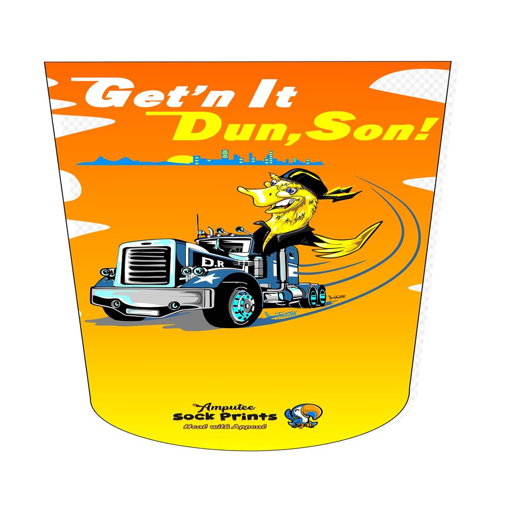 Amputee Sock, "Getn it dun son trucker Sunrise", 3PLY Residual Wound, Over Shrinker Sock
