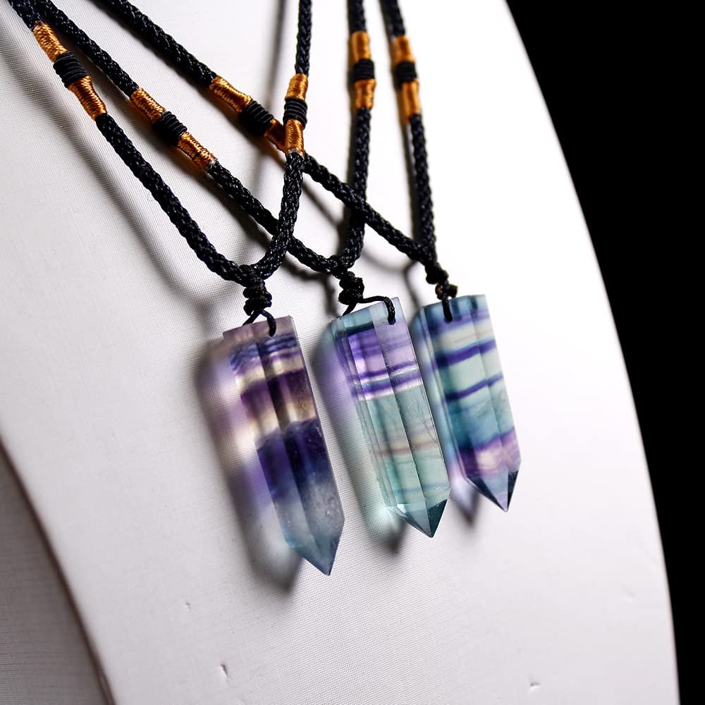1pc Natural Crystal Rainbow Fluorite Single Point Hexagonal Prism Pendant Stripe Crystal Fluorite Necklace Health Energy Stone (Color : Rainbow Fluorite)