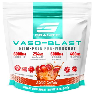 Granite Nutrition Vaso Blast Stim-Free Pre Workout - Non-Stim Nitric Oxide Support for Pump, Physique, and Muscle Capacity - Blood Orange (290g)