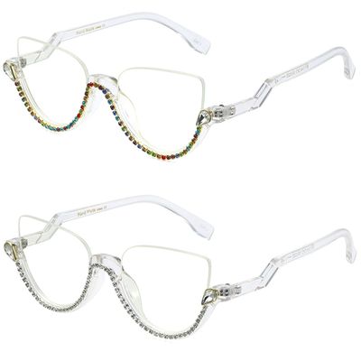 bullabulling Fashion Half Moon Cat-Eye Reading Glass For Women Half-Rim Eyeglass Frame Large lens (White/Color diamonds, 5.75)