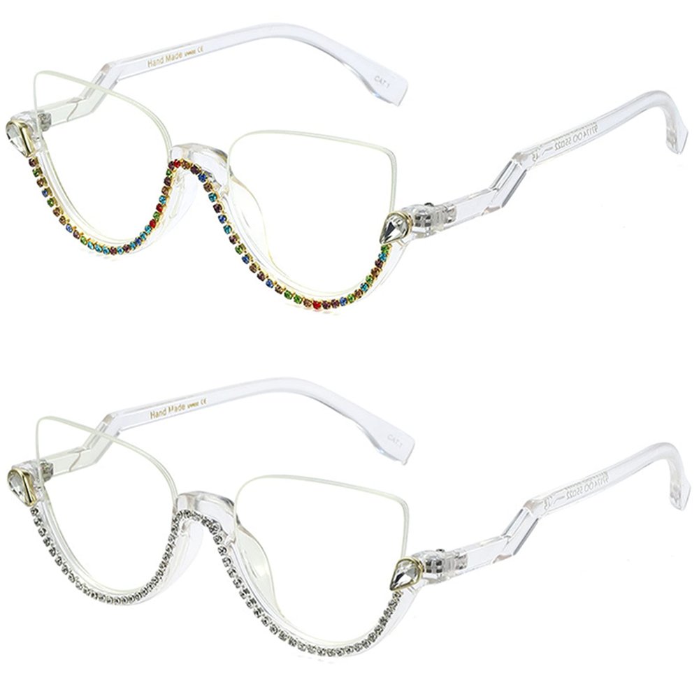 bullabulling Fashion Half Moon Cat-Eye Reading Glass For Women Half-Rim Eyeglass Frame Large lens (White/Color diamonds, 5.75)