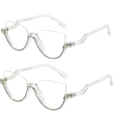 bullabulling Fashion Half Moon Cat-Eye Reading Glass For Women Half-Rim Eyeglass Frame Large lens (White/white diamonds, 4.50)