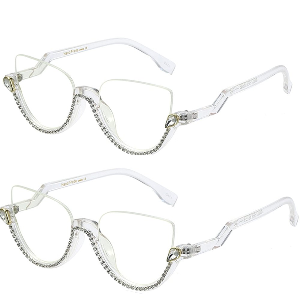 bullabulling Fashion Half Moon Cat-Eye Reading Glass For Women Half-Rim Eyeglass Frame Large lens (White/white diamonds, 4.50)