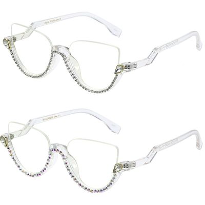 bullabulling Fashion Half Moon Cat-Eye Reading Glass For Women Half-Rim Eyeglass Frame Large lens (White/AB diamonds, 3.25)