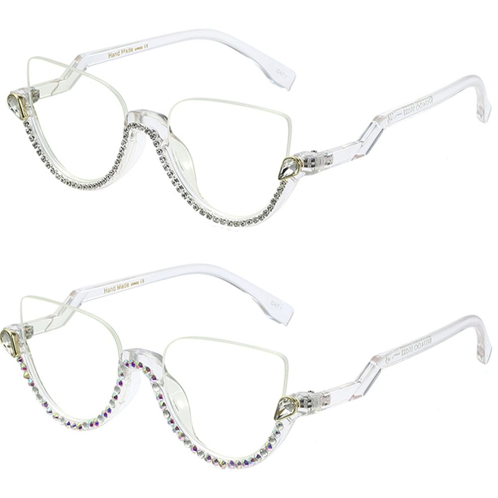 bullabulling Fashion Half Moon Cat-Eye Reading Glass For Women Half-Rim Eyeglass Frame Large lens (White/AB diamonds, 3.25)