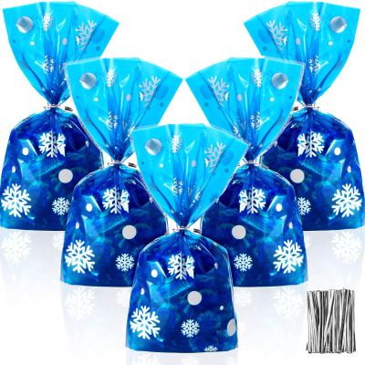Outus 100 Pcs Christmas Favor Bags Snowflake Santa Claus Treat Bags Flat Cellophane Plastic Container for Bakery Cookies Candies Dessert with 100 Pieces Twist Ties(Snowflake,Silver)