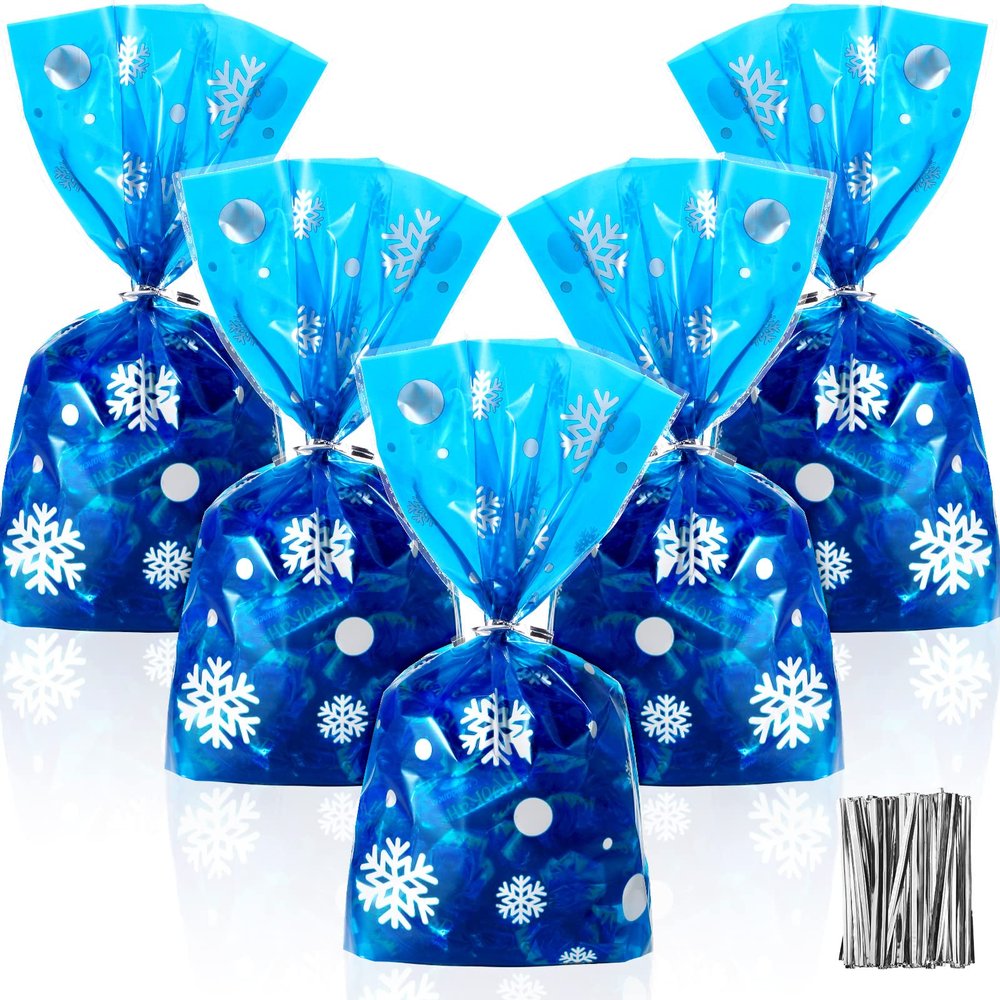 Outus 100 Pcs Christmas Favor Bags Snowflake Santa Claus Treat Bags Flat Cellophane Plastic Container for Bakery Cookies Candies Dessert with 100 Pieces Twist Ties(Snowflake,Silver)
