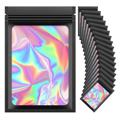 100 Pieces Resealable Mylar Bags, Small Holographic Packaging Bags, Smell Proof Mylar Bags for Food Storage/Jewelry/Eyelash for Small Business (Black, 3.5x4.7 Inch)