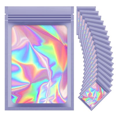 100 Pieces Resealable Mylar Bags, Small Holographic Packaging Bags, Smell Proof Mylar Bags for Food Storage/Jewelry/Eyelash for Small Business (Purple, 5.5x7.8 Inch)