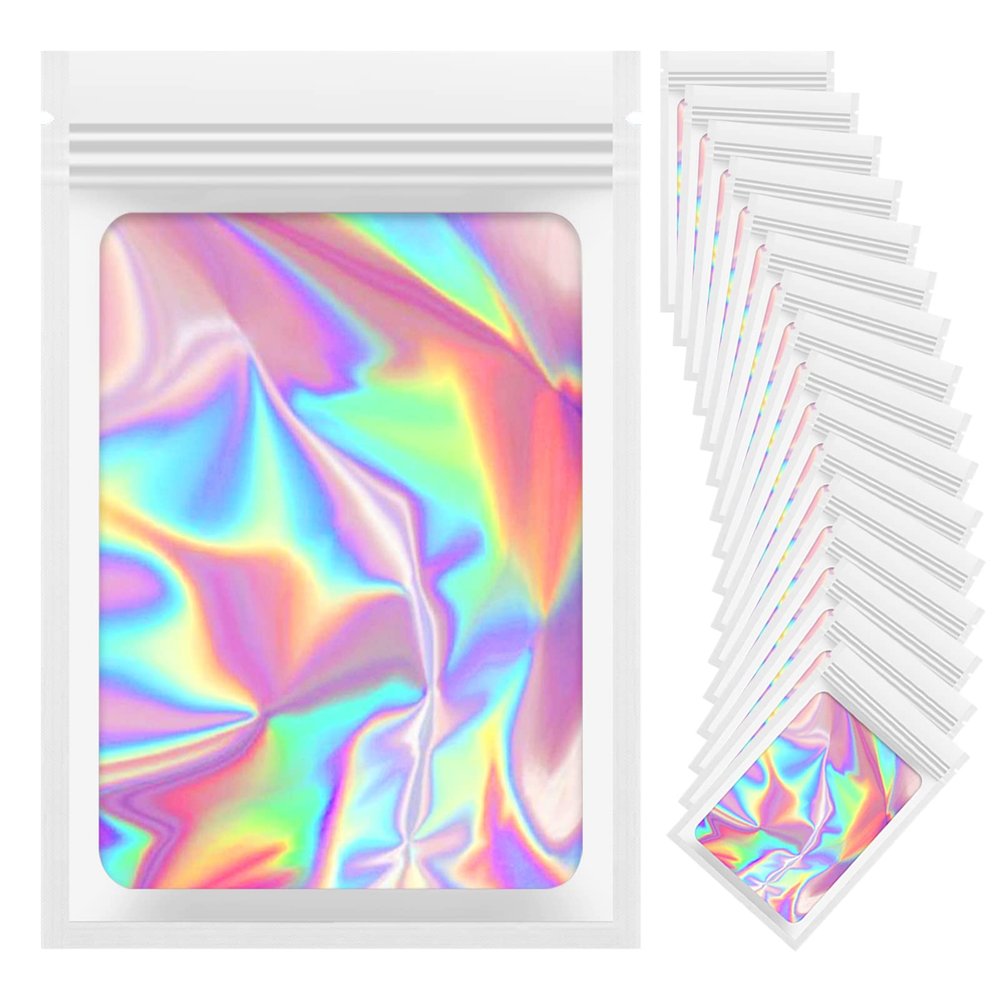 100 Pieces Resealable Mylar Bags, 4x6 Mylar Bags with Window, Small Holographic Packaging Bags for Food Storage/Jewelry/Eyelash for Small Business (White, 4.1x5.9 Inch)