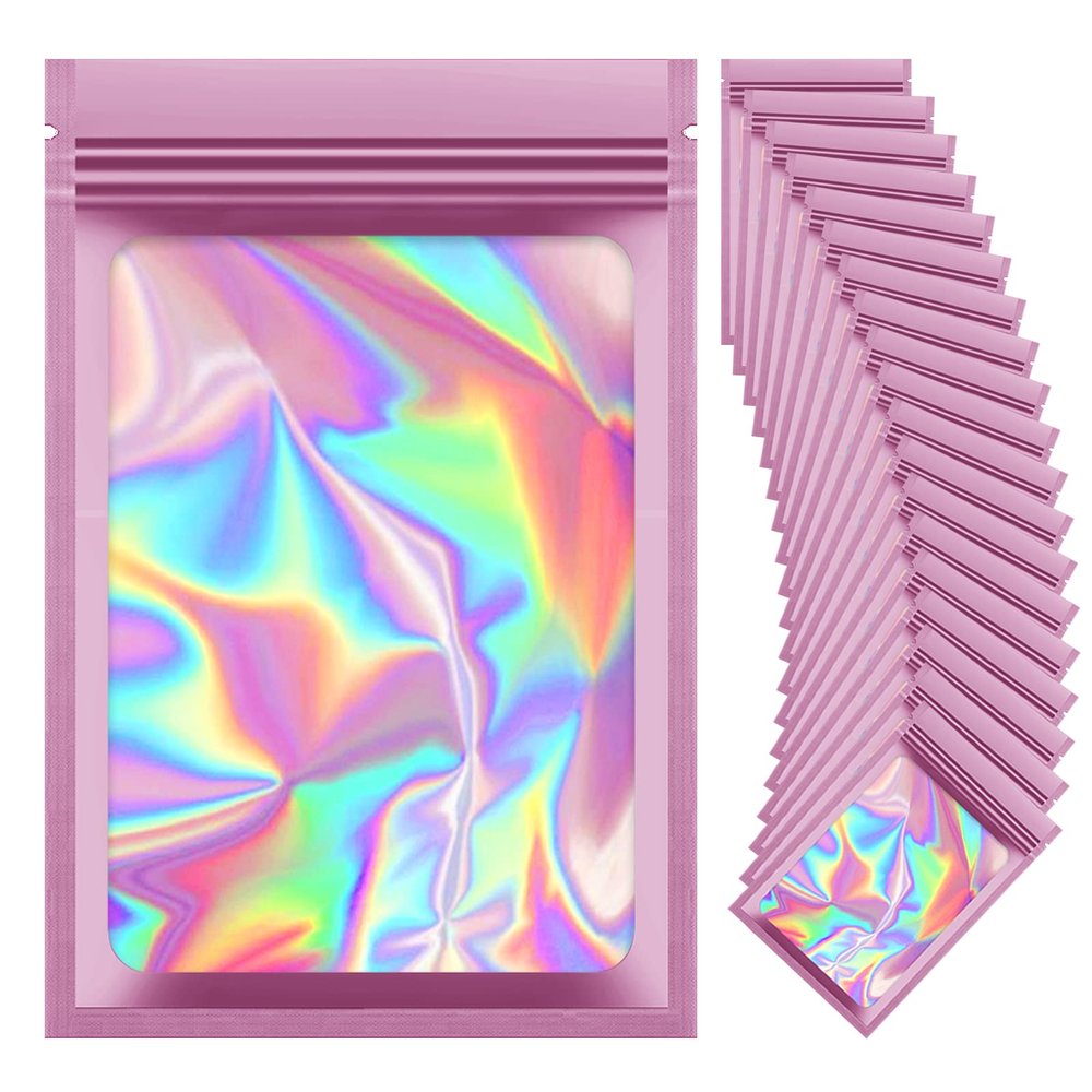 100 Pieces Resealable Mylar Bags, Small Holographic Packaging Bags, Smell Proof Mylar Bags for Food Storage/Jewelry/Eyelash for Small Business (Pink, 5.5x7.8 Inch)